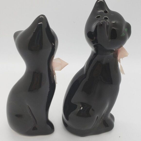 𝅺Black Cats Green Eyes Pink Bows & Flowers Vintage Salt & Pepper Shaker Set - Picture 7 of 11